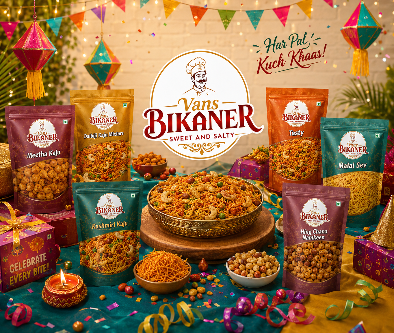 Vans Bikaner festive namkeen packs with colorful celebration decor