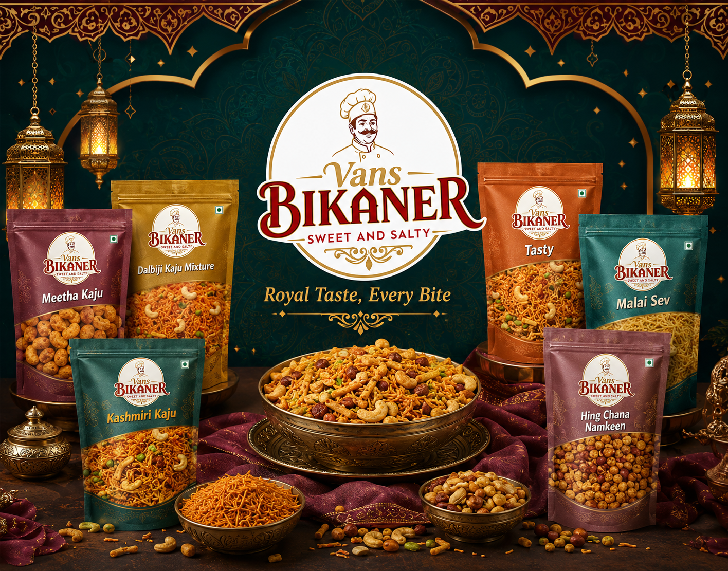 Vans Bikaner royal namkeen packs with lanterns and ornate decor