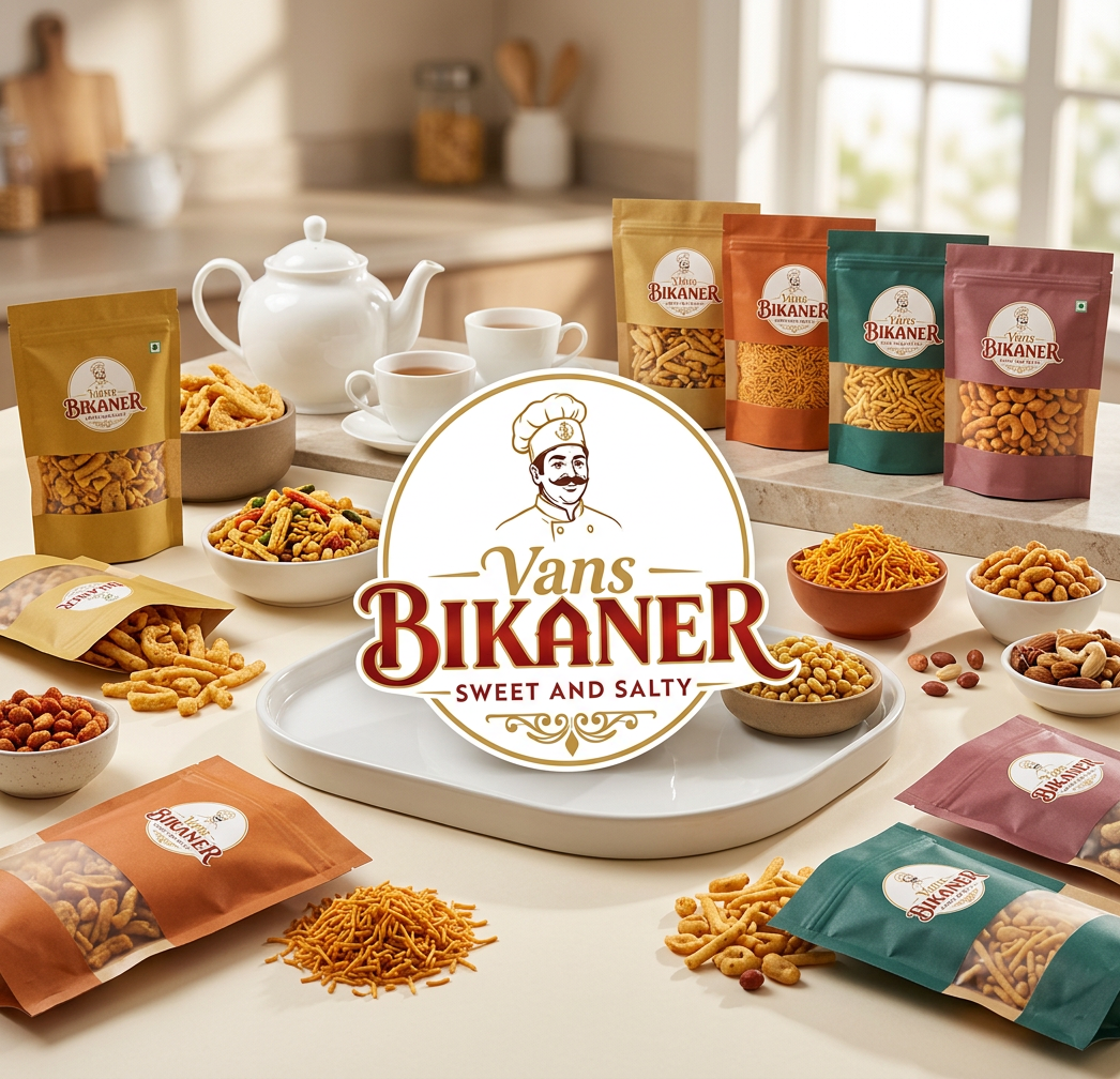 Vans Bikaner namkeen packs and bowls arranged on a kitchen counter